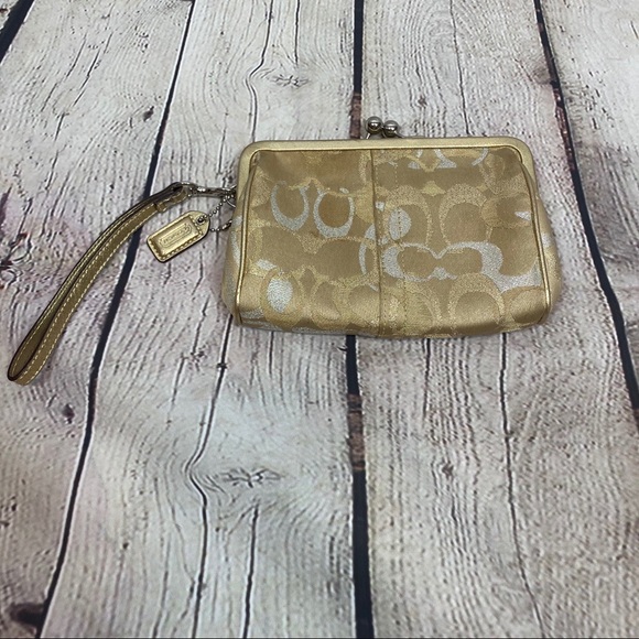 COACH Lurex Signature Gold Kisslock Wristlet - Picture 2 of 6